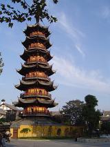 Traditional Chinese pagoda with multiple levels of roof structure forming a tower on a temple, historic landmark in a travel and tourism concept