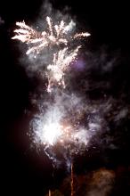 Fiery pyrotechnical display of exploding fireworks in a dark night sky during a festival or holiday celebration