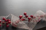 Pretty dainty see through Xmas ribbon with red berries forming a bottom border with copy space to celebrate Christmas