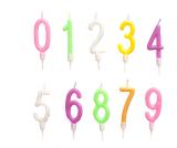 Colourful birthday candles in the form of numbers in a complete set 0 through 9 isolated on white