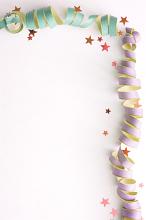 Curly paper ribbons in light green and purple with various sized stars along top and side as border. Includes copy space.