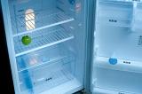 The interior of a clean white refrigerator showing a solitary green apple