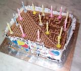 High angle view of a large rectangular decorated childs birthday cake with brown icing and candles wrapped in a decorative silver band
