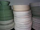 Large stack of clean dishes and crockery on a kitchen shelf in a home or restaurant for dining and eating