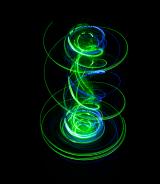 green and blue spinning lightpainting with spiraling twisting form