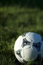 a white leather football sat on a grass background