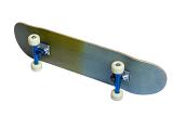 a view of the underside of a skateboard isolated on a white background