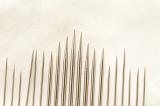 Close up on set of various sized sewing needle points organized by height and thickness over paper