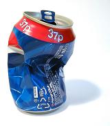 Crushed blue and red drinks can with a 37p price label and recycle sign at the bottom on a white background