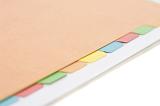 Close view of some colored index tabs lined up in a manila folder against a white background