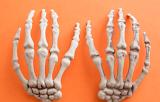 a pair of spooky skeleton hands on an orange background