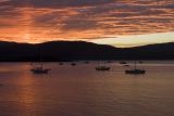 a panoramic view of sailing yachts back lit by beautiful pink orange sunset light