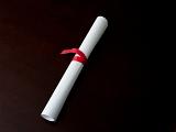 A rolled diploma or document, tied with a red ribbon, over black background